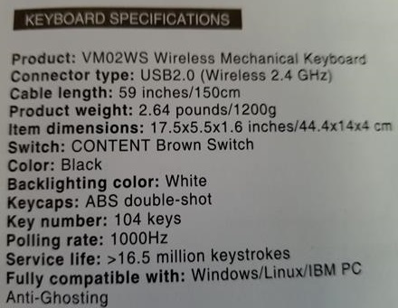 Review Velocifire VM02WS Wireless Mechanical Keyboard Specs