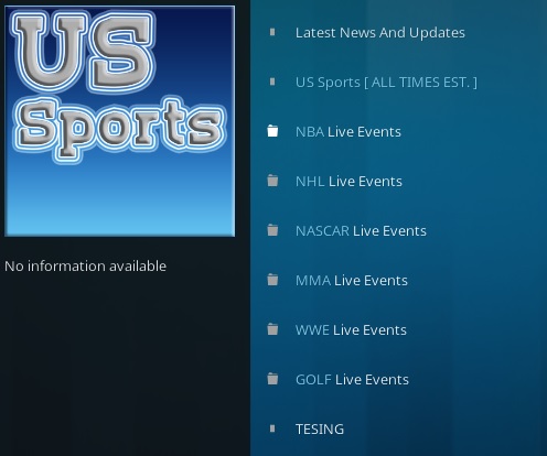 Cómo instalar la vista previa del complemento Kodi de US Sports