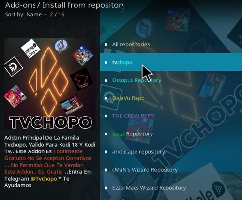 Cómo instalar el complemento Chopo Kodi TV Paso 17