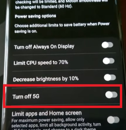 How To Turn Off 5G On a Samsung Galaxy S22 from Power Savings Option Step 3